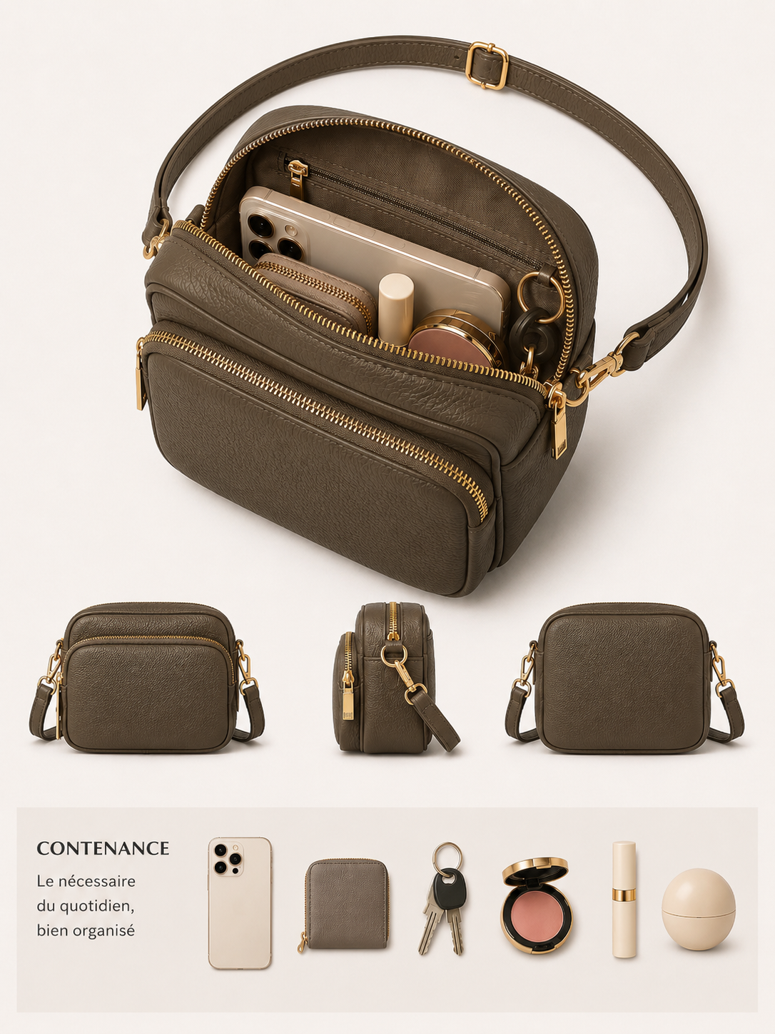 Sac bandoulière femme Cuir taupe