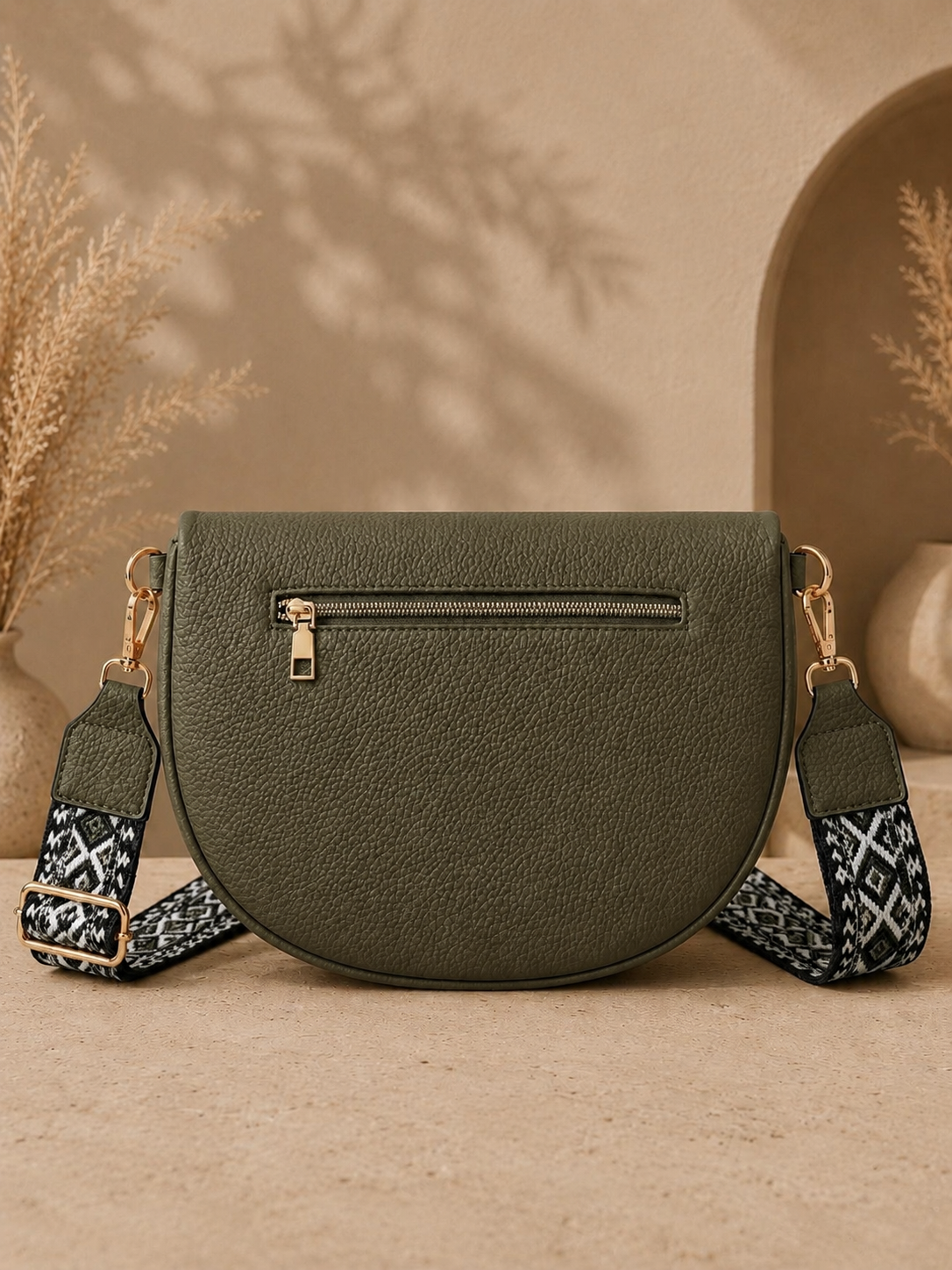 Grand sac banane femme Cuir vert kaki Bandoulière large - Porte-monnaie inclus