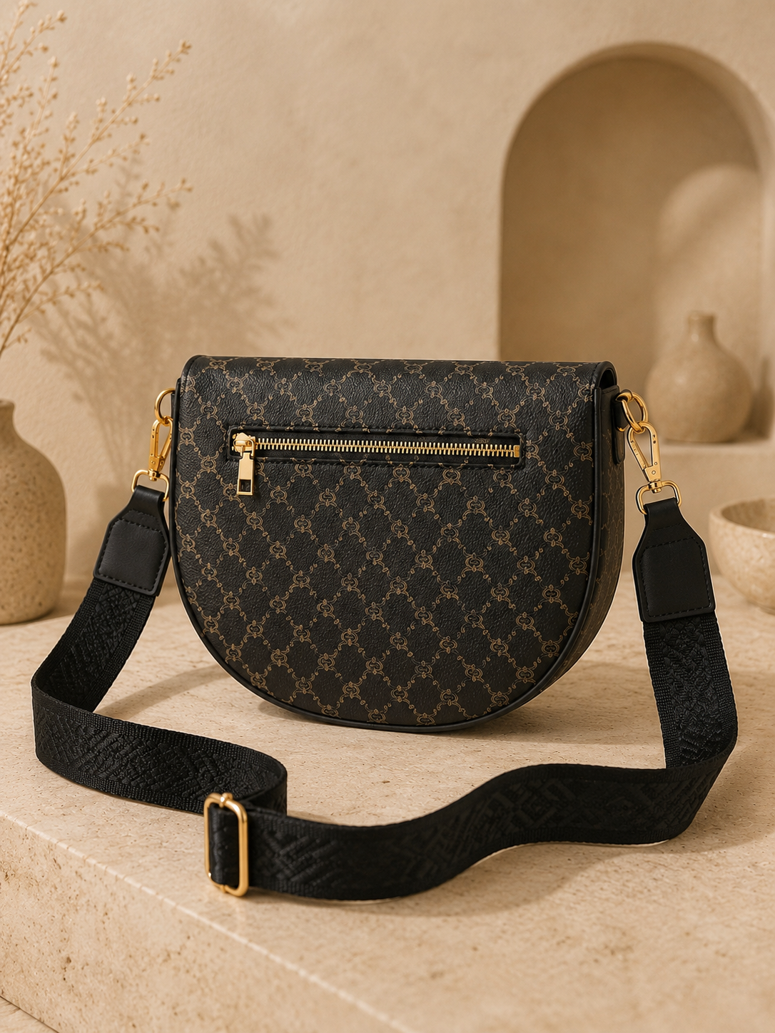 Sac banane femme XL – Marron chocolat à monogramme marron camel – Porte-monnaie assorti – Bandoulière interchangeable