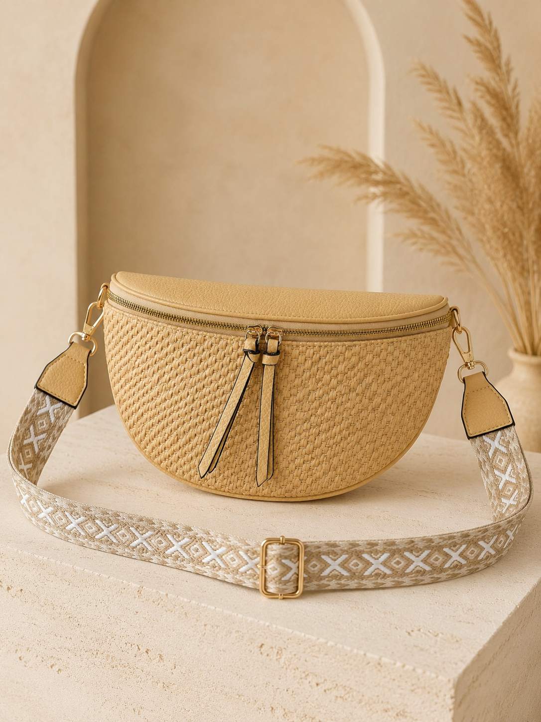 Sac banane femme XL raphia beige sable – Porte-monnaie assorti – Bandoulière interchangeable