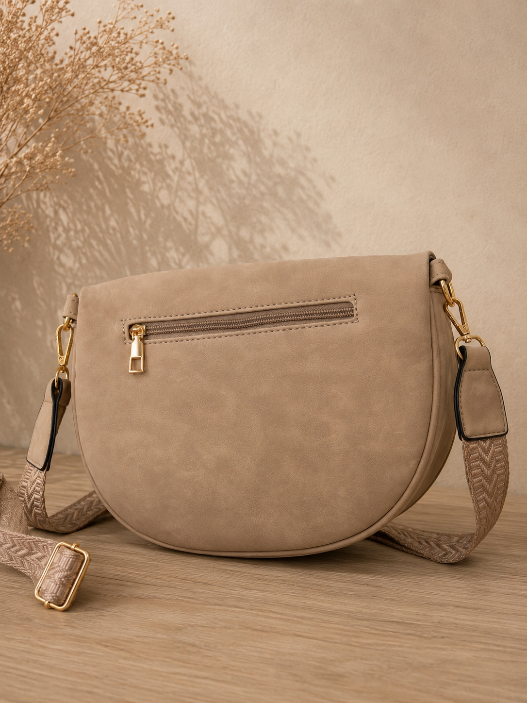 Sac banane femme vintage en daim beige camel – Porte-monnaie assorti – Bandoulière interchangeable