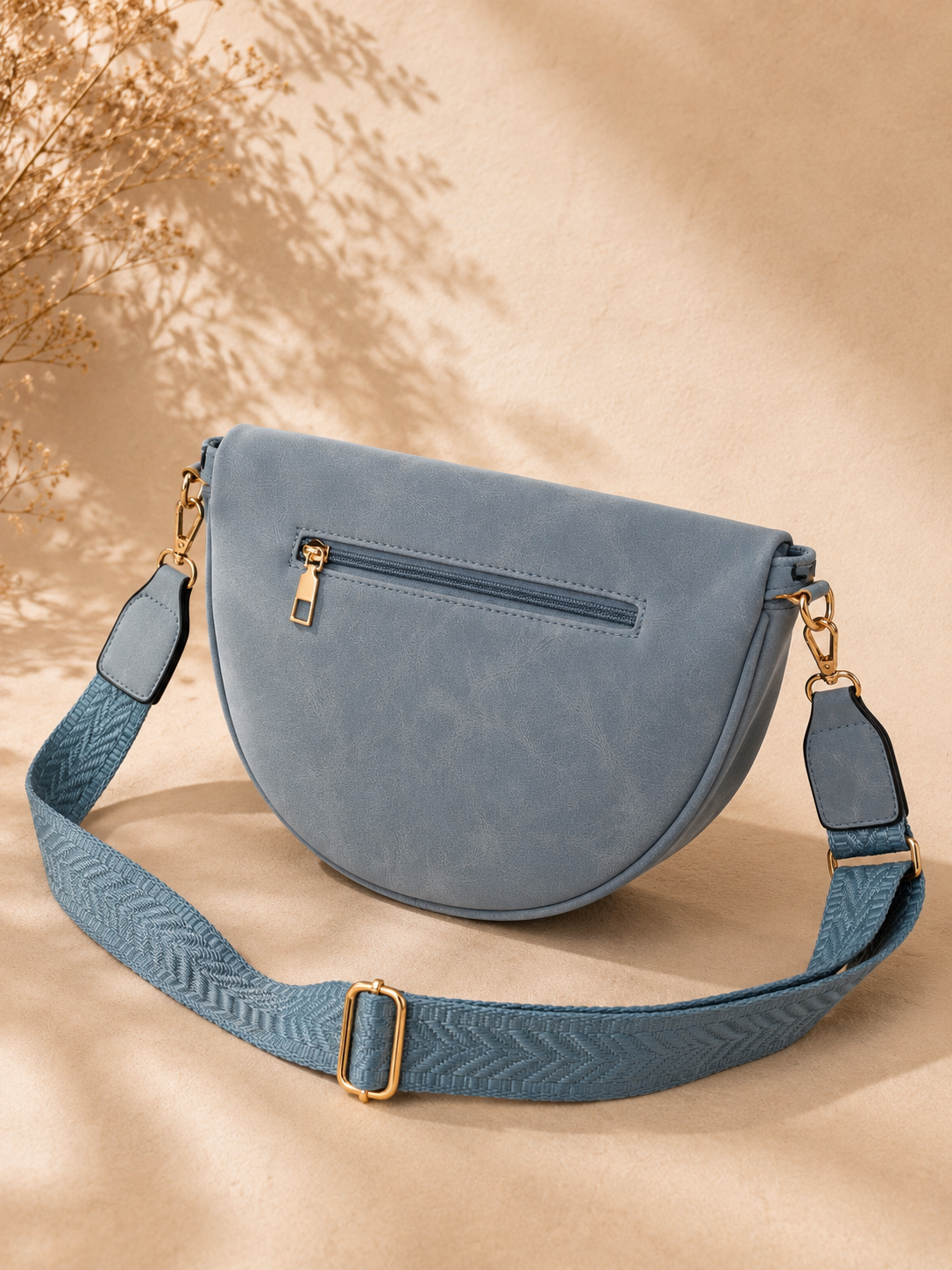 Sac banane femme vintage en daim bleu glacier – Porte-monnaie assorti – Bandoulière interchangeable