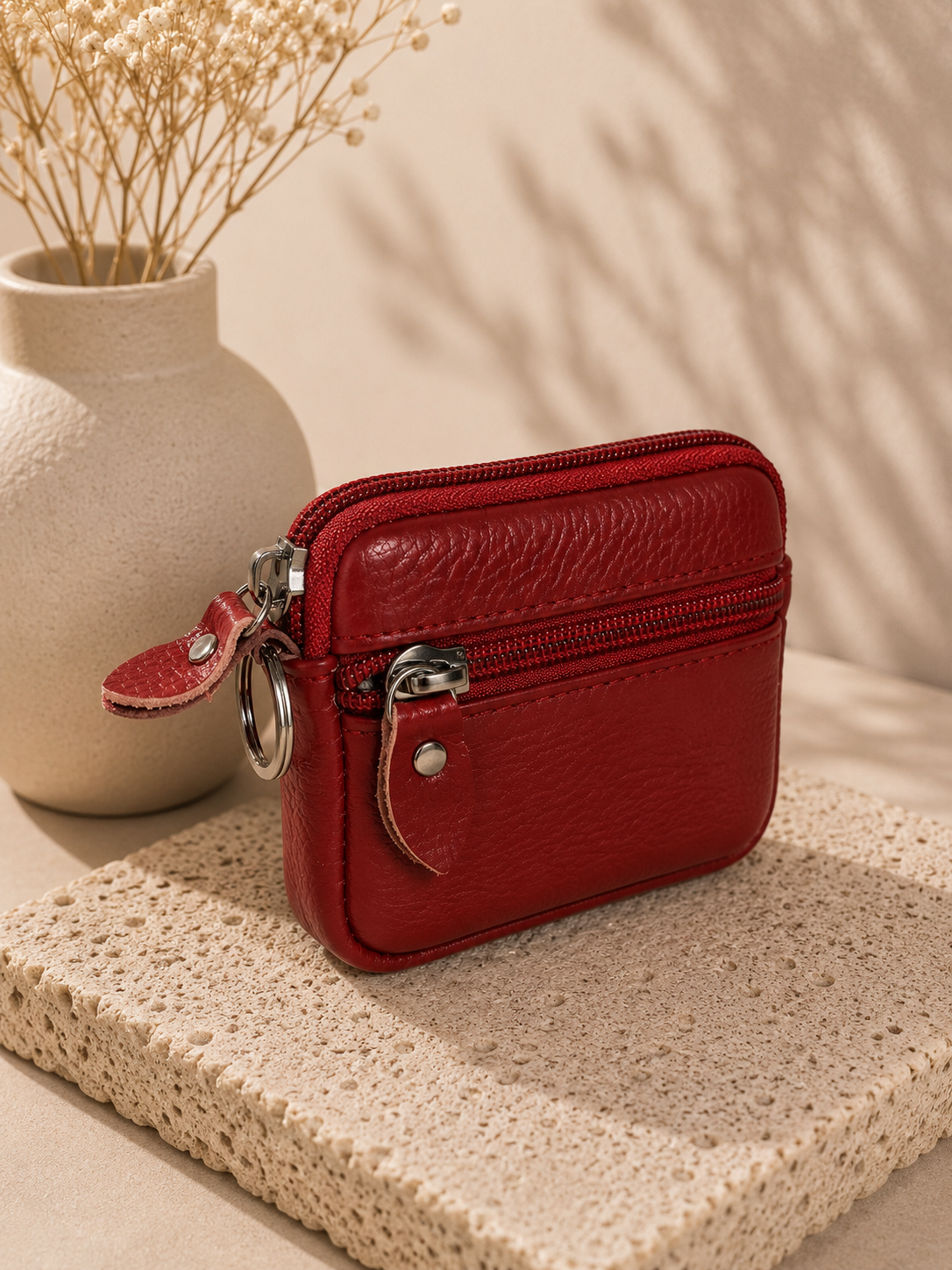 Porte-monnaie femme en cuir rouge bordeaux