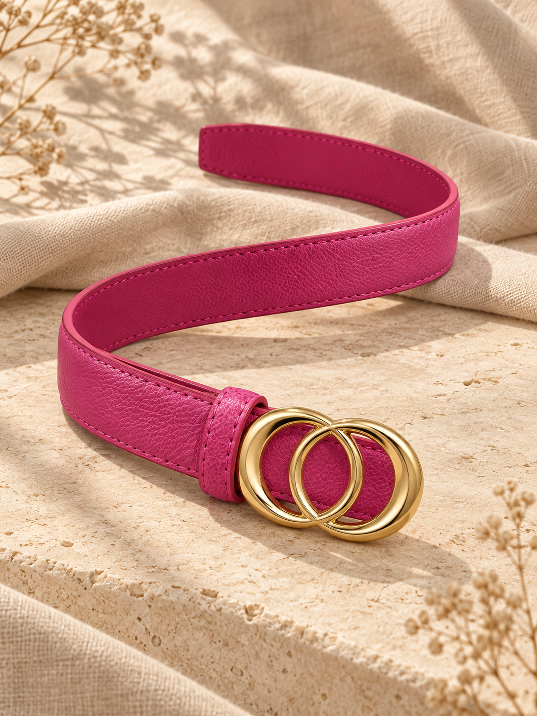 Ceinture femme tendance – Effet cuir rose fuchsia – Double boucle ronde