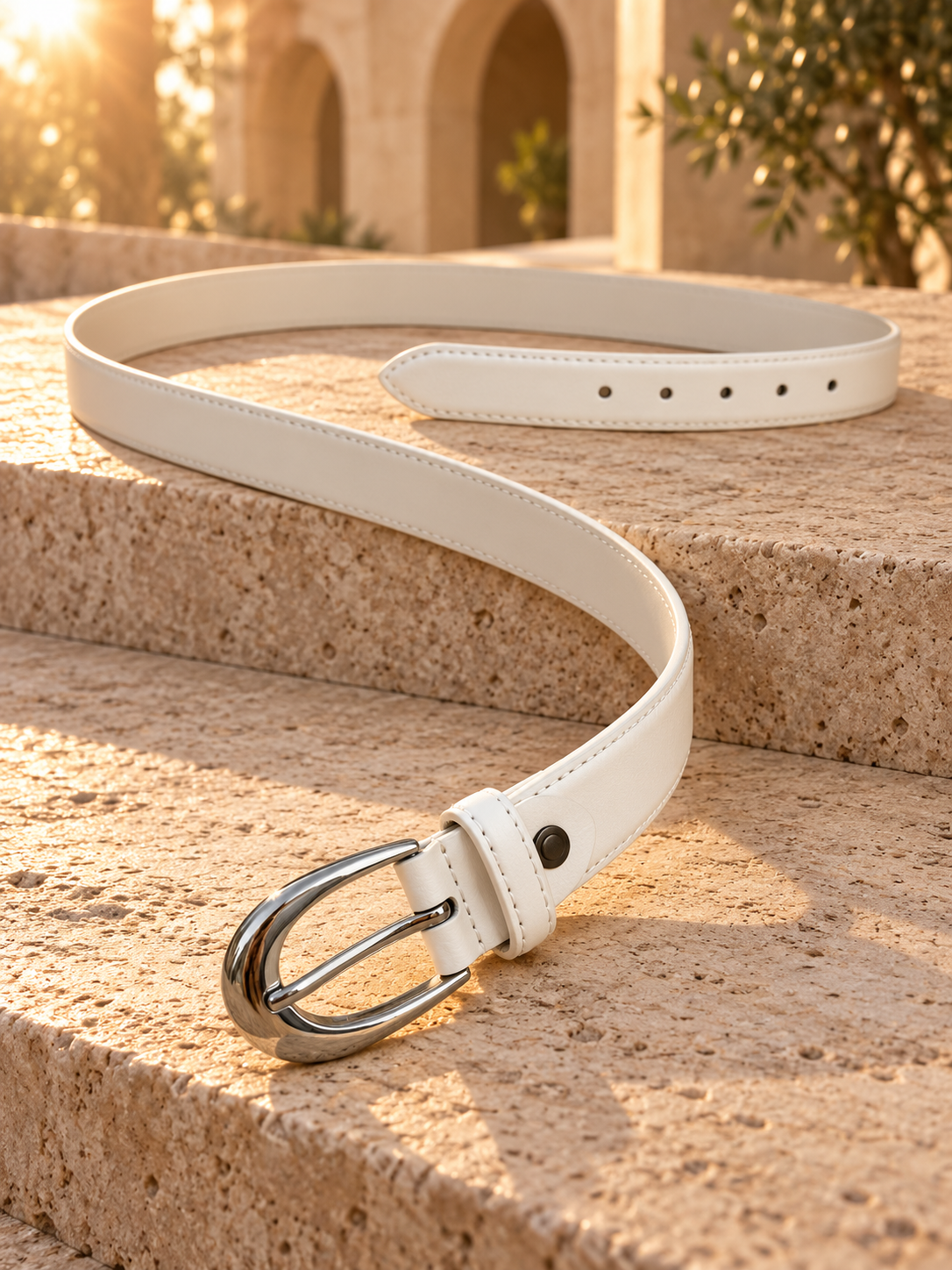 Ceinture femme tendance – Effet cuir blanc – Boucle argentée