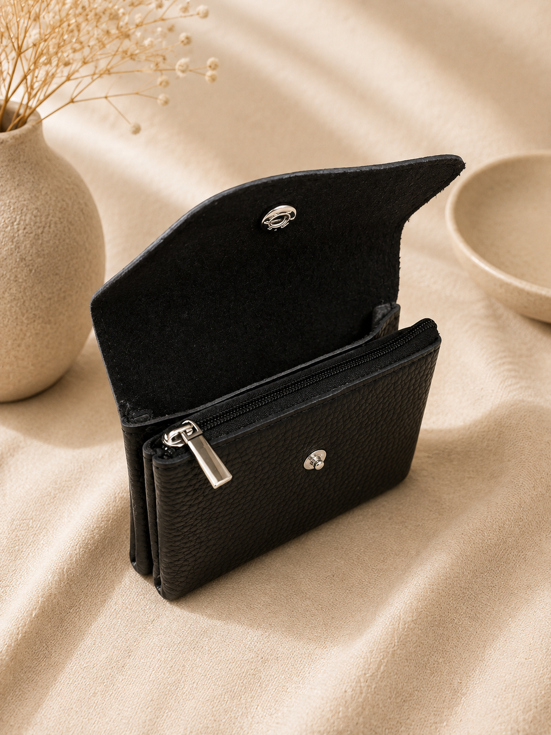 Porte-monnaie femme tendance en cuir grainé noir