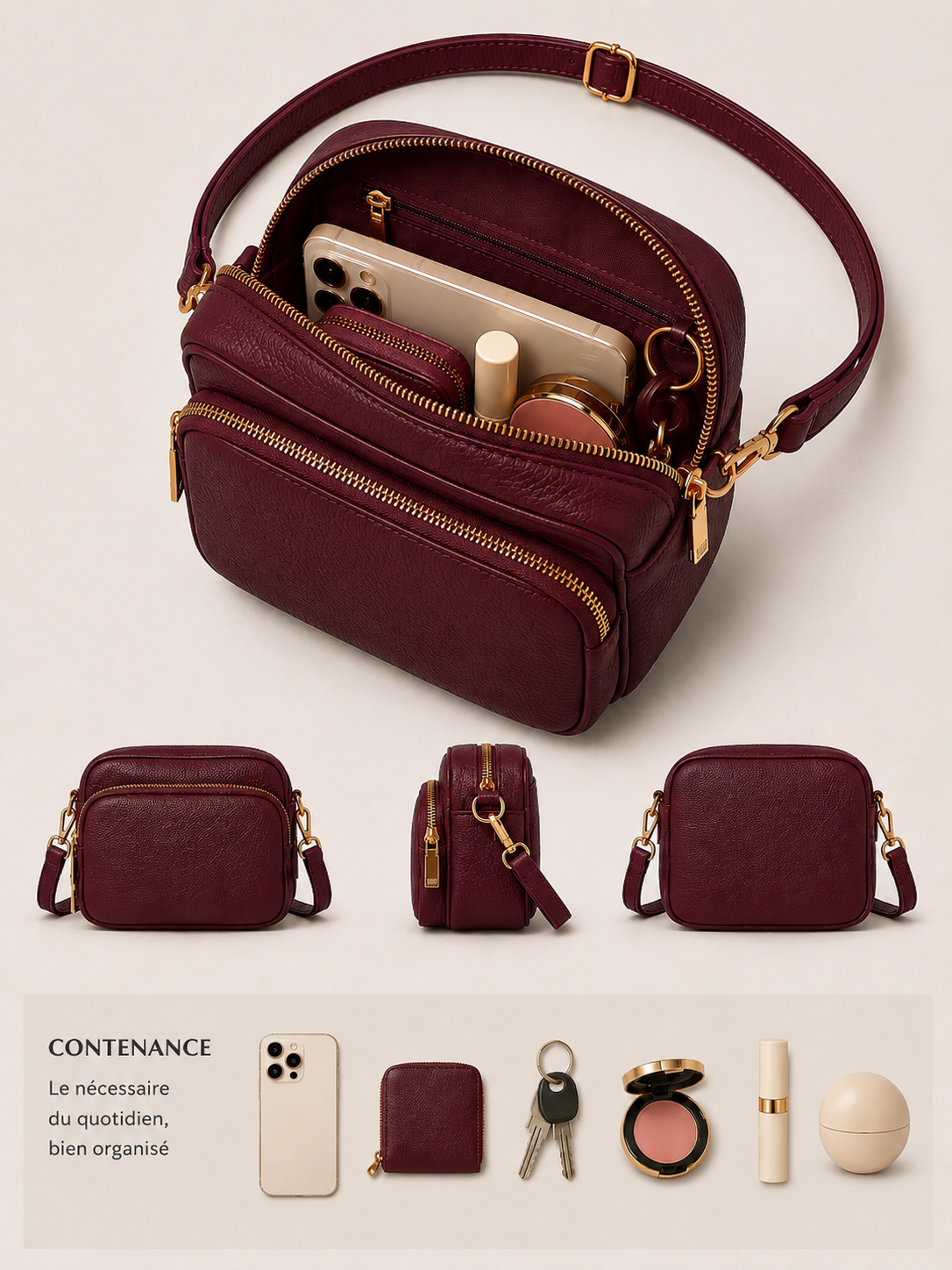 Sac bandoulière femme Cuir rouge bordeaux