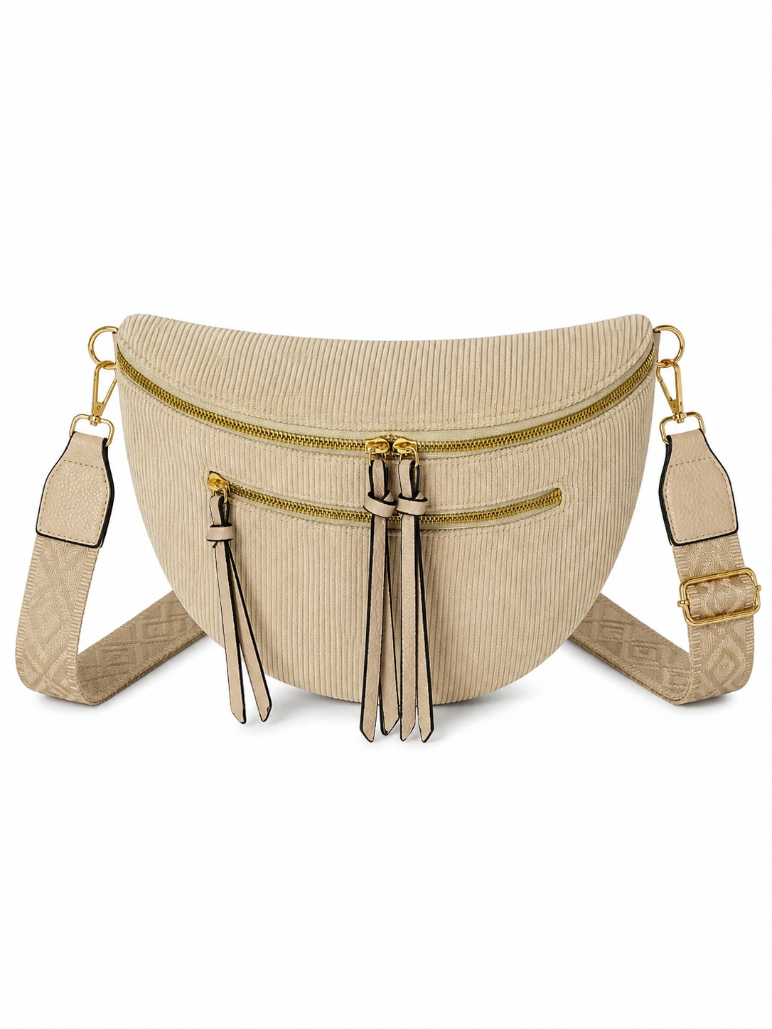 Grand sac banane femme velours côtelé beige grisé Bandoulière large - Porte-monnaie inclus