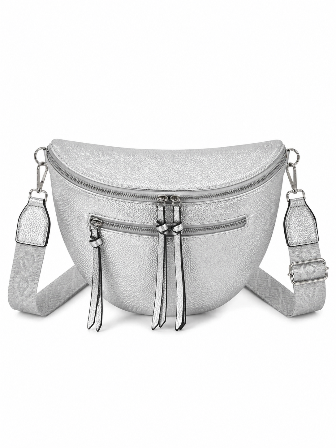 Grand sac banane femme Cuir argenté Bandoulière large - Porte-monnaie inclus