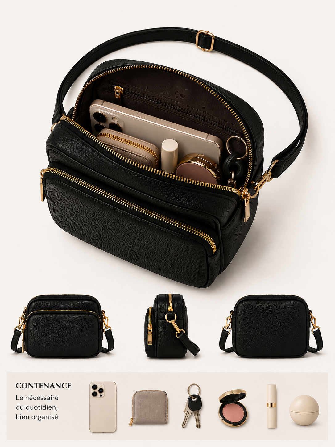 Sac bandoulière femme Cuir noir