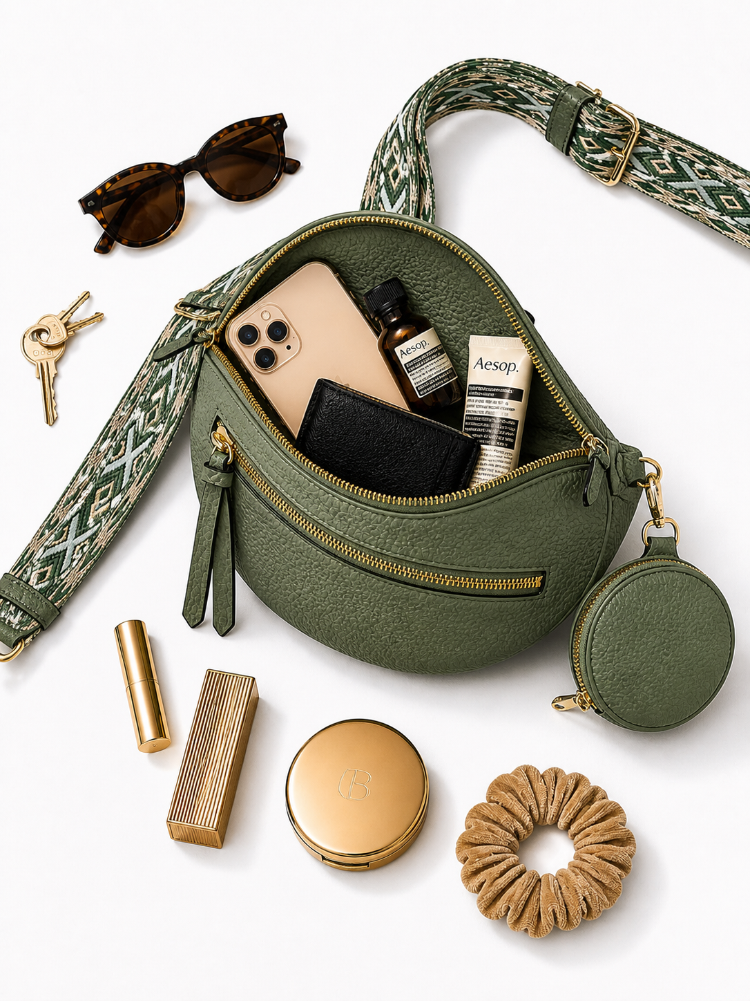 Grand sac banane femme Effet cuir vert sauge Bandoulière large - Porte-monnaie inclus