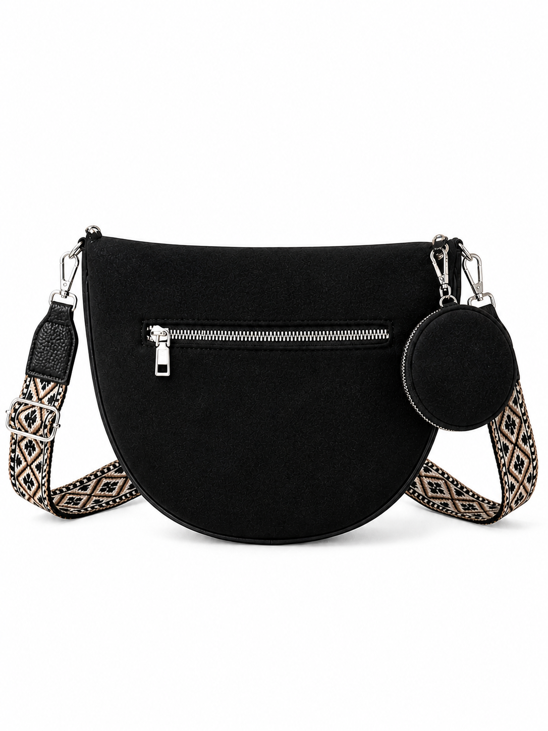 Grand sac banane femme Daim noir Bandoulière large - Porte-monnaie inclus