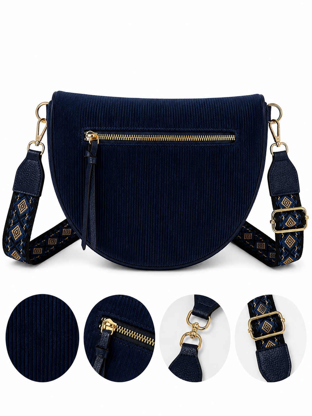 Sac banane femme velours côtelé bleu pétrole Bandoulière large - Porte-monnaie inclus