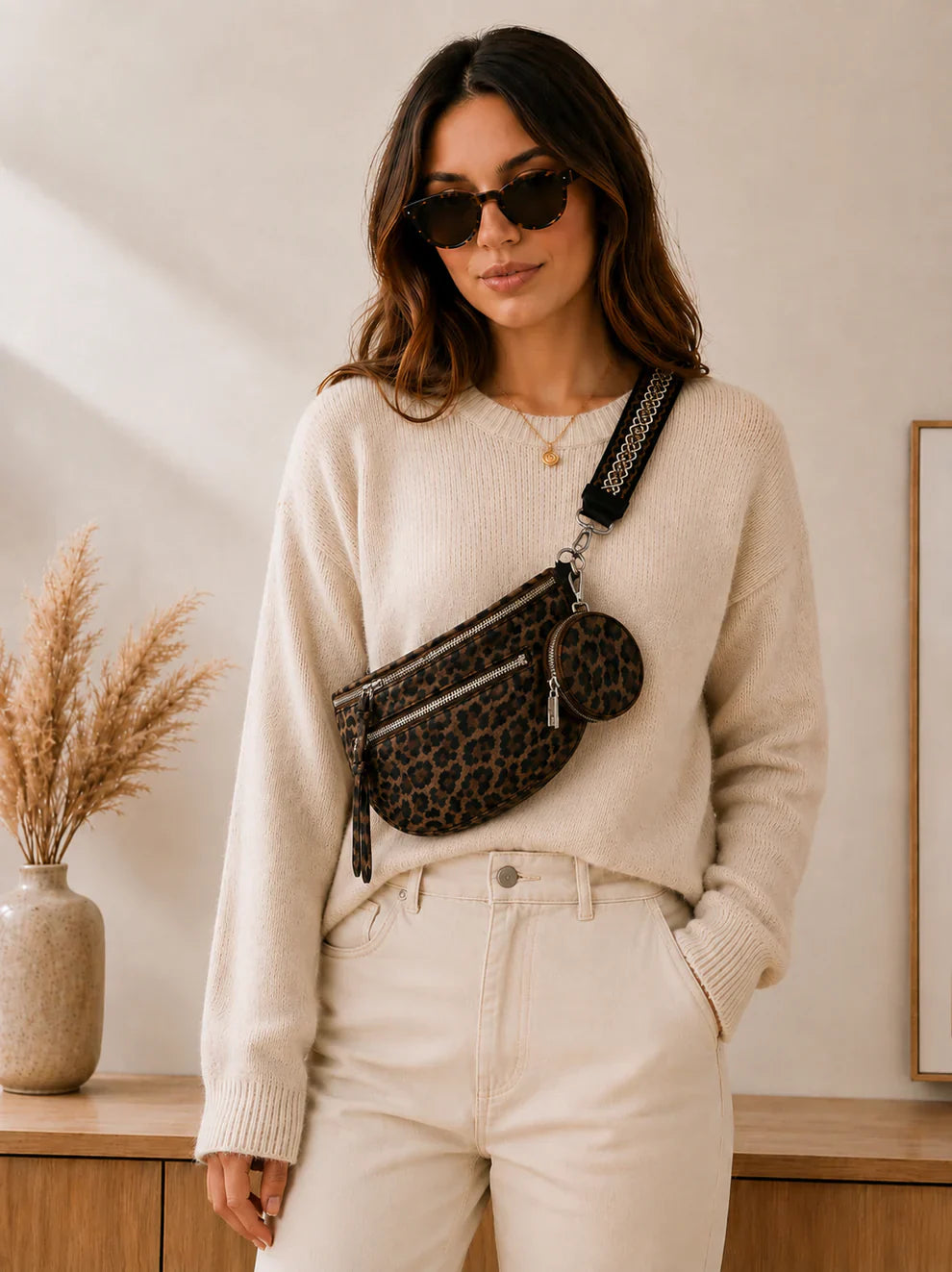 Sac banane femme imprimé léopard à bandoulière large
