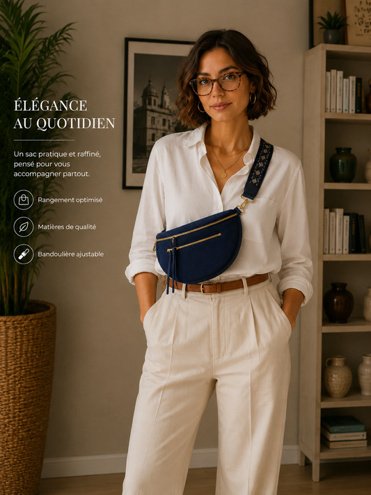 Grand sac banane femme Bleu pétrole velours côtelé Bandoulière large - Porte-monnaie inclus
