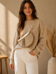 Grand sac banane femme Beige sablé effet paille Bandoulière large - Porte-monnaie inclus