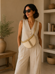 Grand sac banane femme Beige effet paille Bandoulière large
