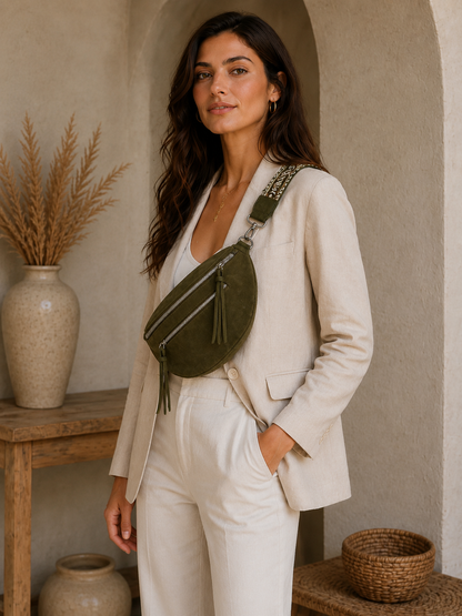 Grand sac banane femme Daim vert kaki Bandoulière large - Porte-monnaie inclus