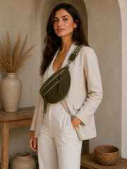 Grand sac banane femme Daim vert kaki Bandoulière large - Porte-monnaie inclus