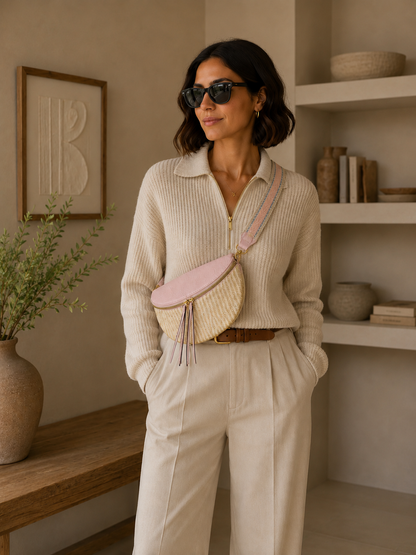 Grand sac banane femme Rose effet paille Bandoulière large