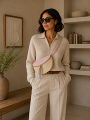 Grand sac banane femme Rose effet paille Bandoulière large