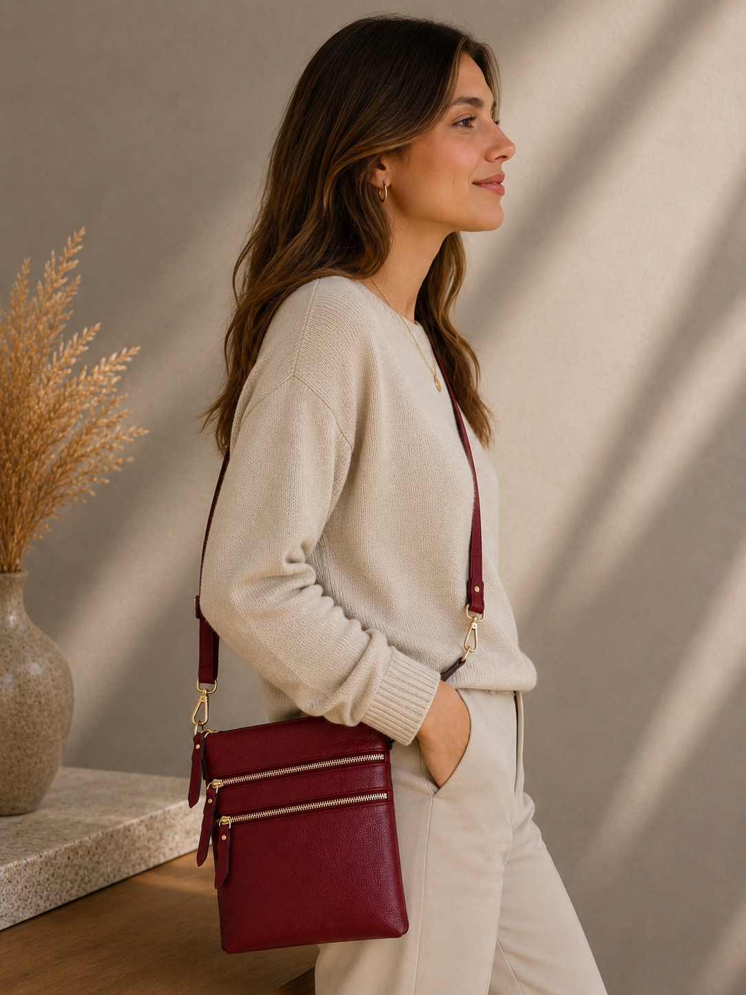 Sac pochette femme en cuir rouge bordeaux