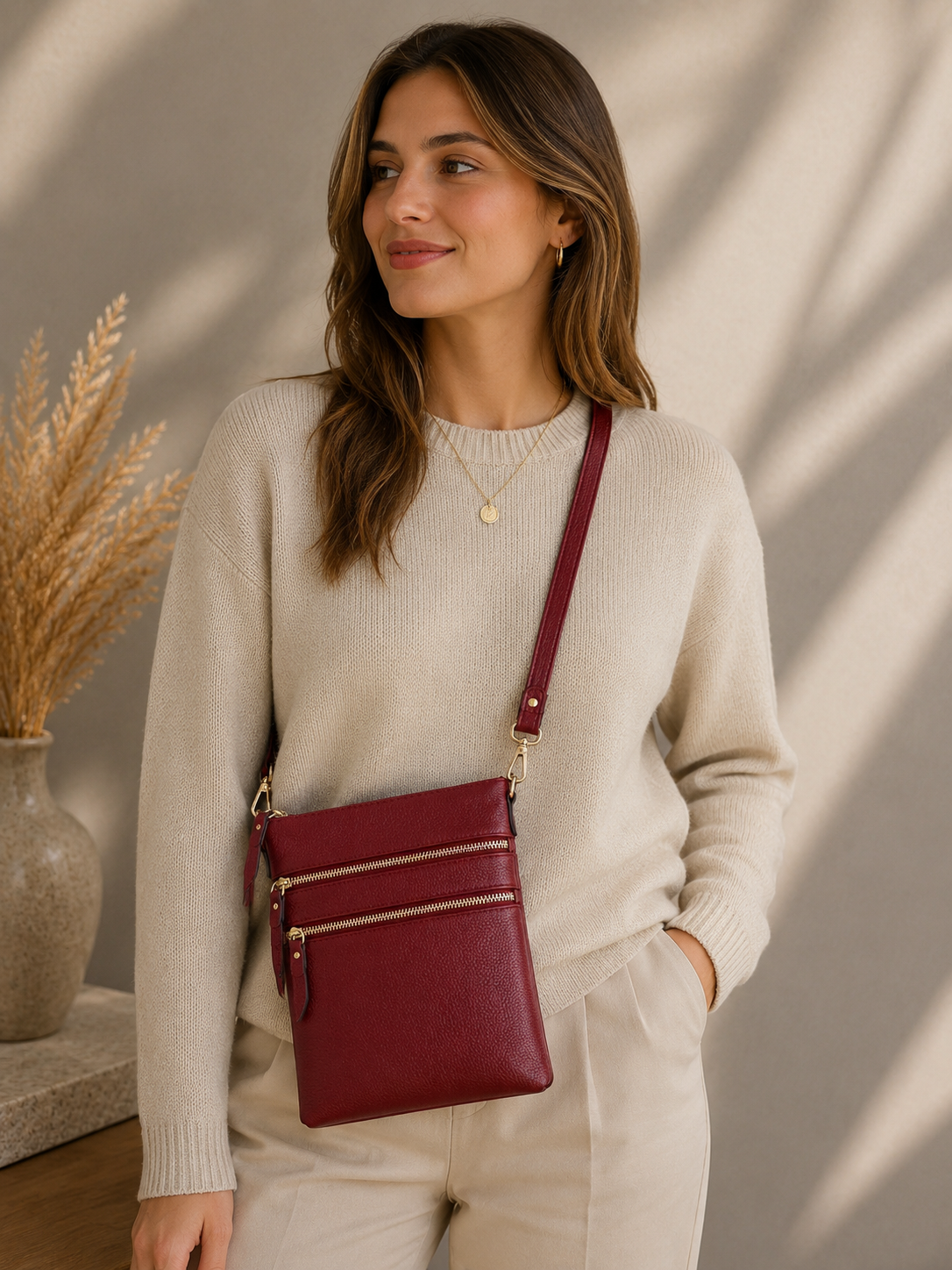 Sac pochette femme en cuir rouge bordeaux