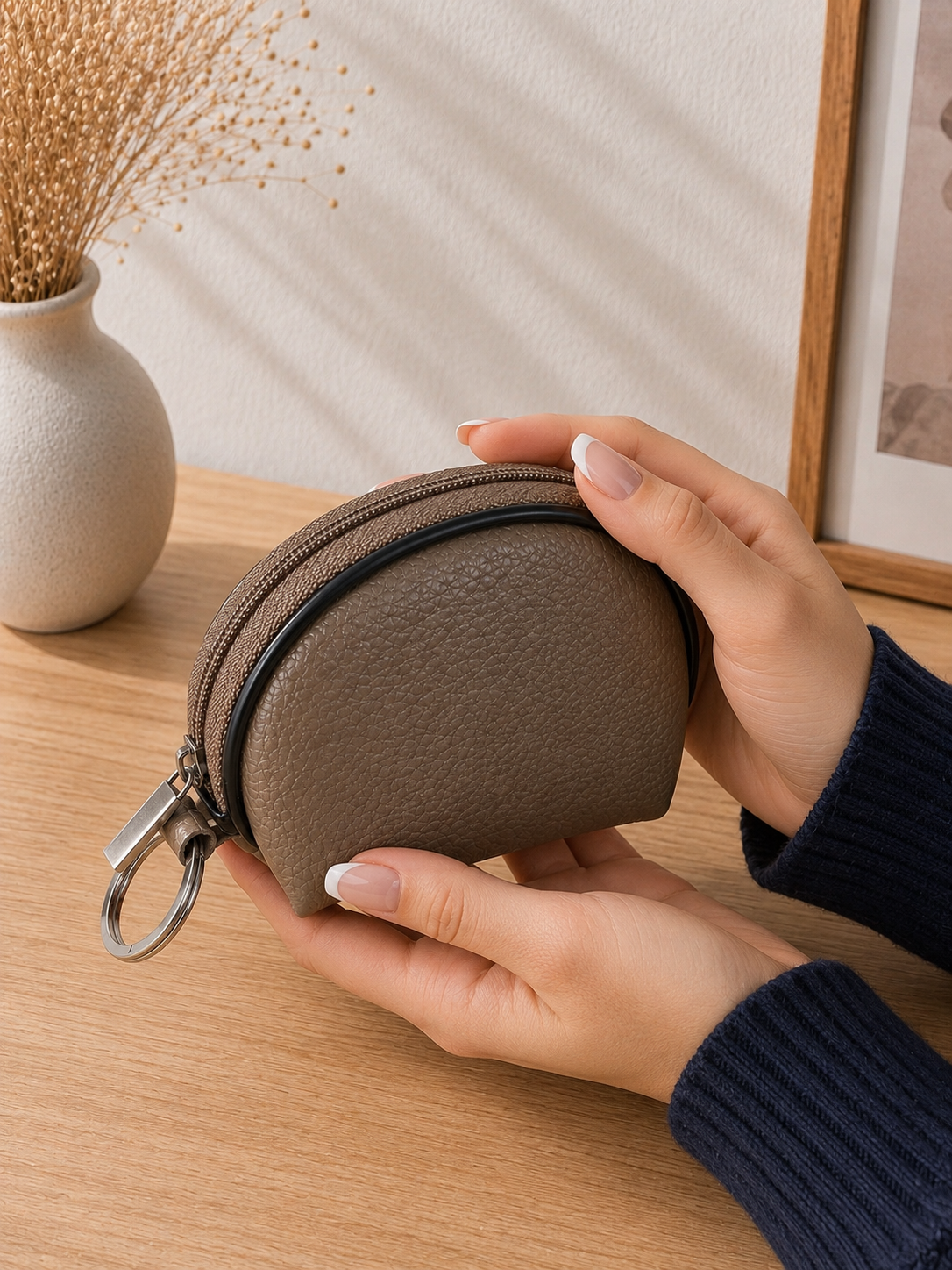 Porte-monnaie femme en cuir beige taupe