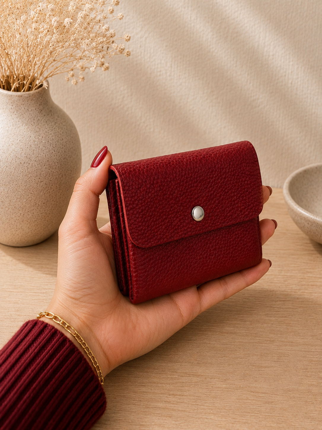 Porte-monnaie femme tendance en cuir grainé rouge bordeaux