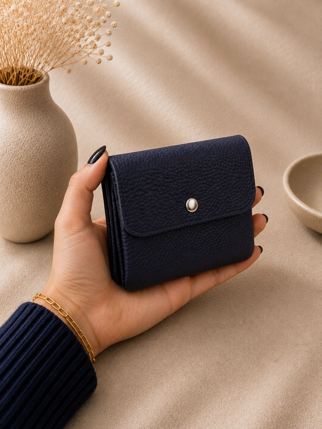 Porte-monnaie femme tendance en cuir grainé bleu marine