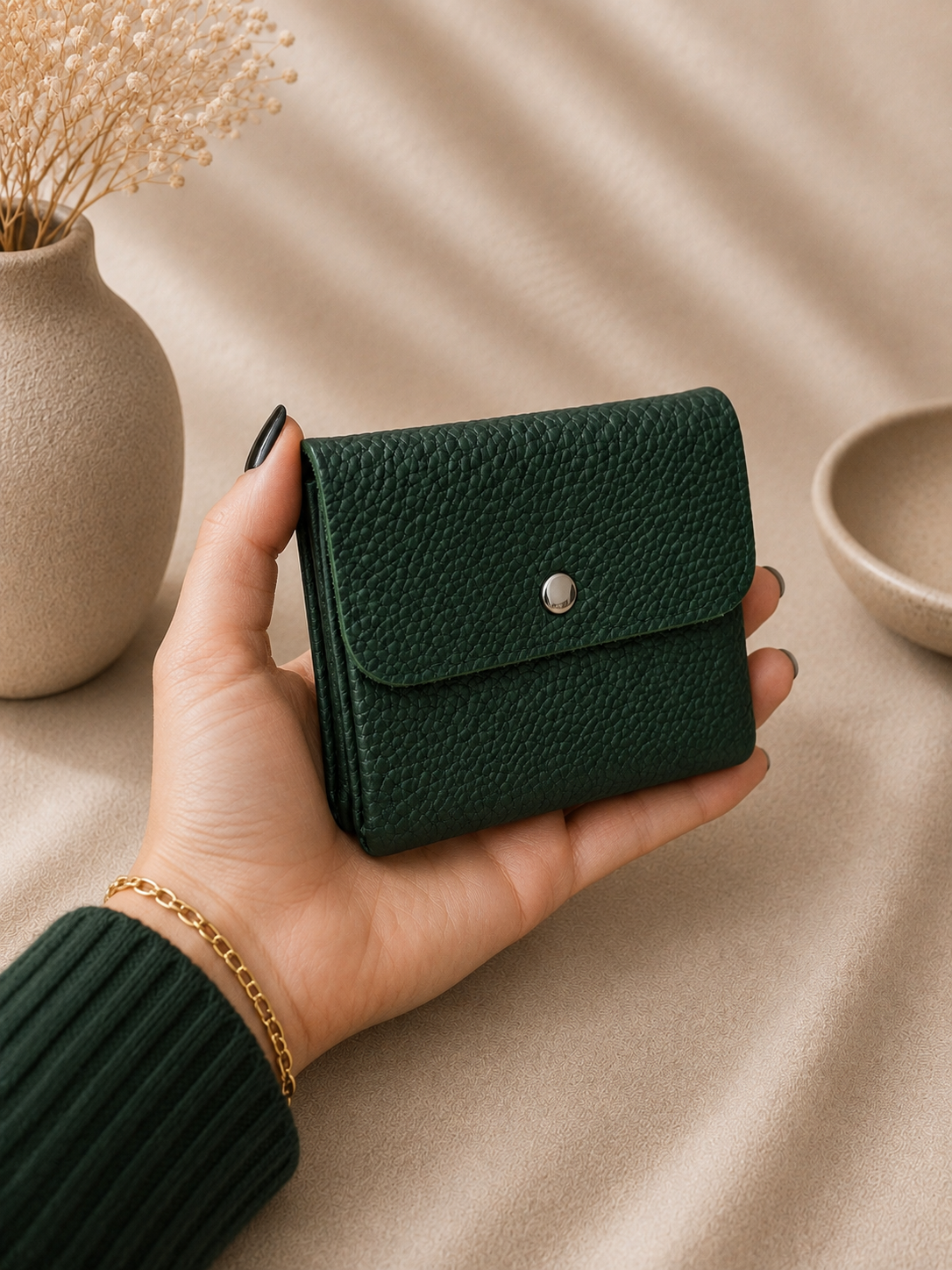 Porte-monnaie femme tendance en cuir grainé vert sapin