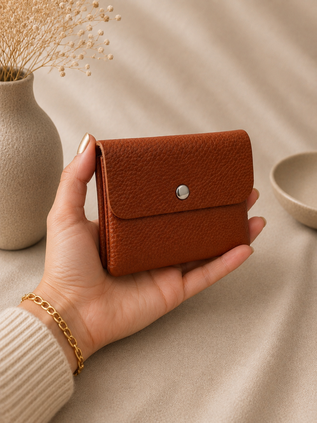 Porte-monnaie femme tendance en cuir grainé marron cognac