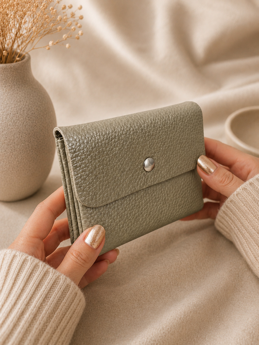 Porte-monnaie femme tendance en cuir grainé beige métallisé