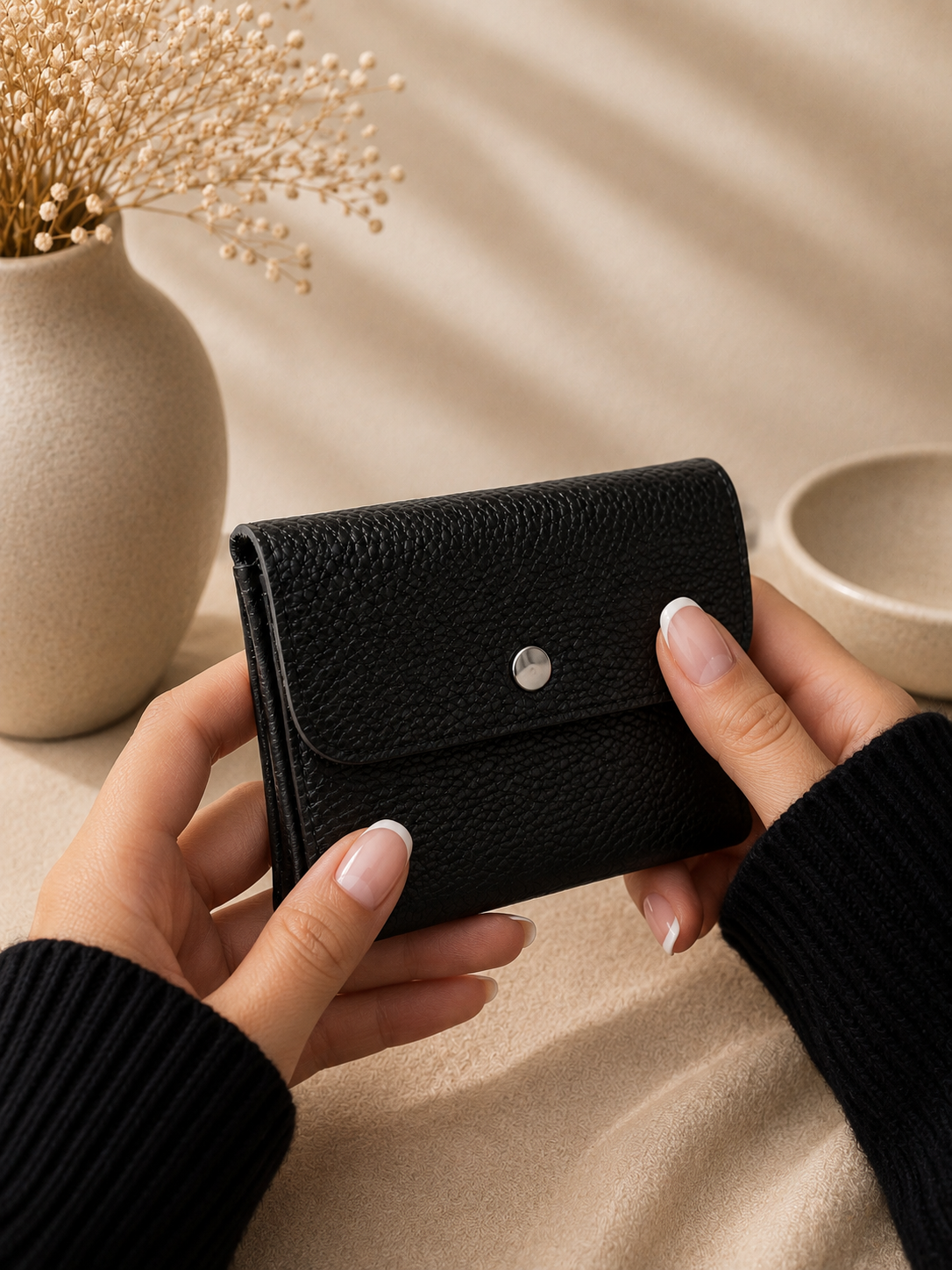 Porte-monnaie femme tendance en cuir grainé noir