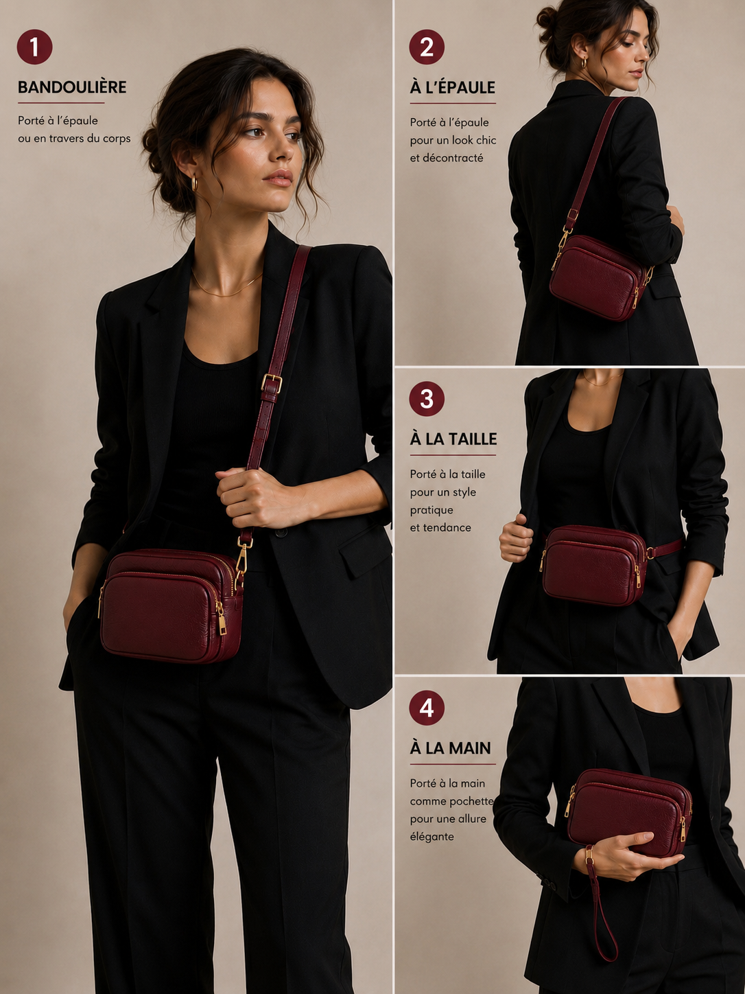 Sac bandoulière femme Cuir rouge bordeaux