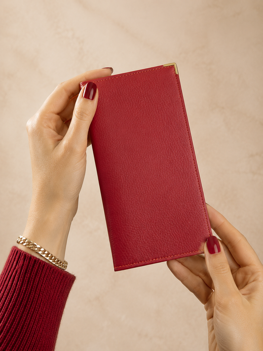Porte-chéquier femme en cuir de vachette rouge bordeaux
