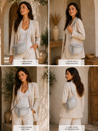 Grand sac banane femme Cuir argenté Bandoulière large - Porte-monnaie inclus