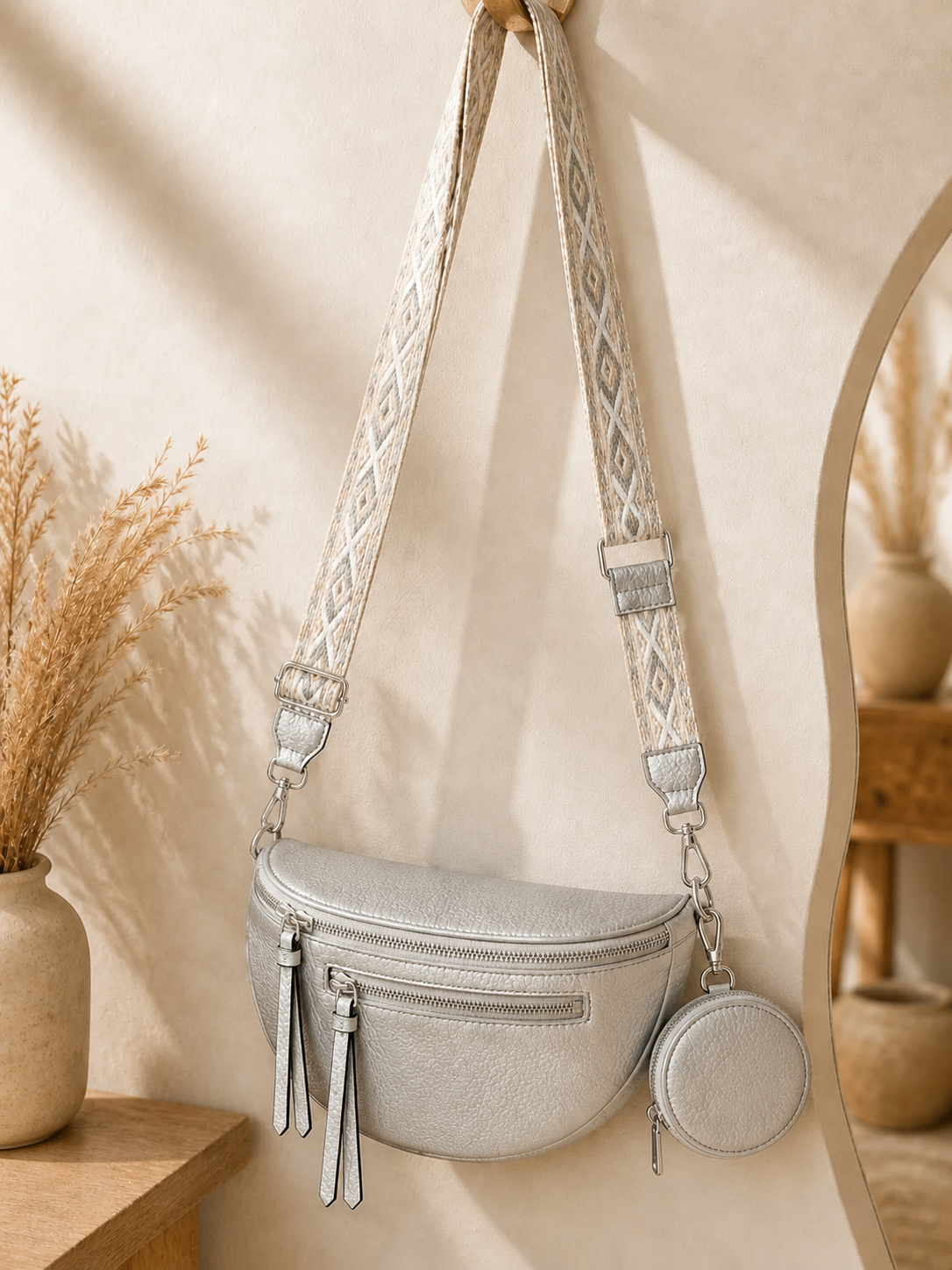Grand sac banane femme Cuir argenté Bandoulière large - Porte-monnaie inclus