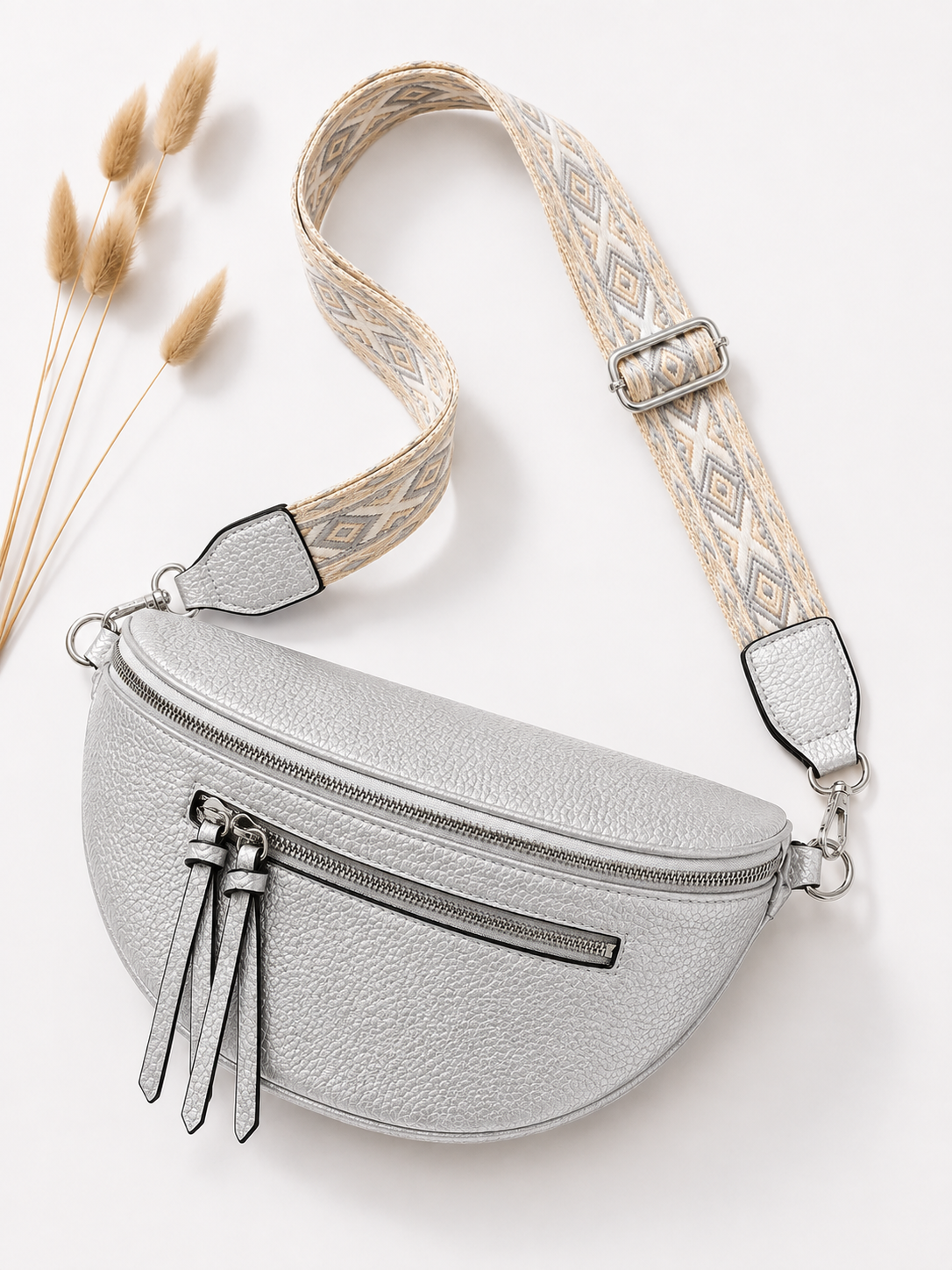 Grand sac banane femme Cuir argenté Bandoulière large - Porte-monnaie inclus