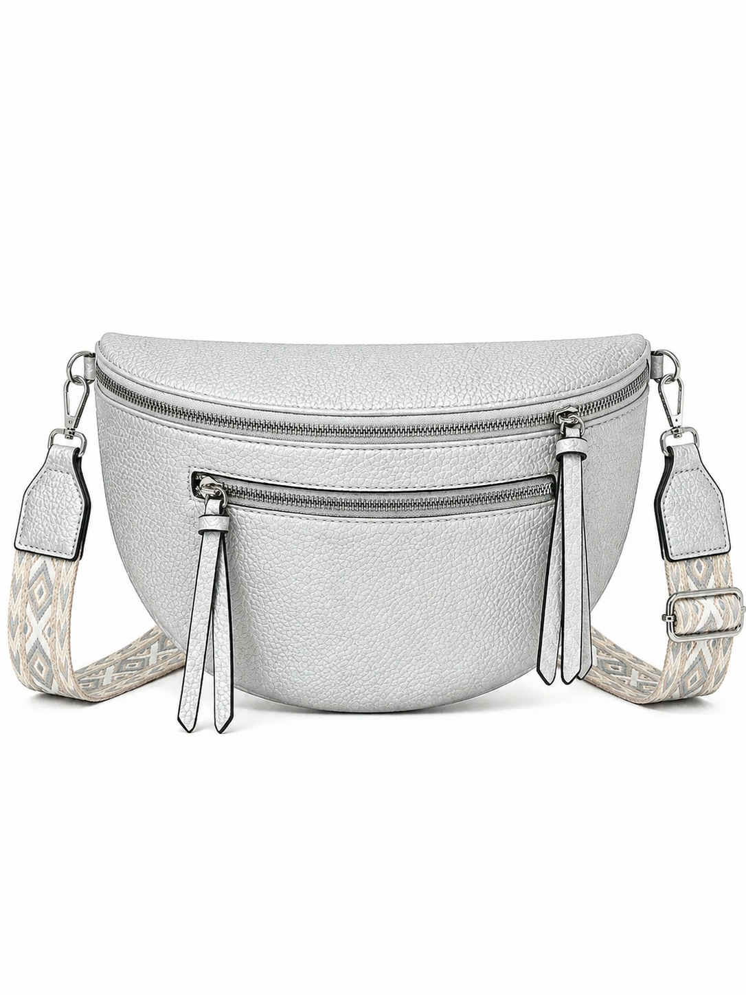 Grand sac banane femme Cuir argenté Bandoulière large - Porte-monnaie inclus