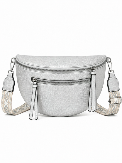 Grand sac banane femme Cuir argenté Bandoulière large - Porte-monnaie inclus