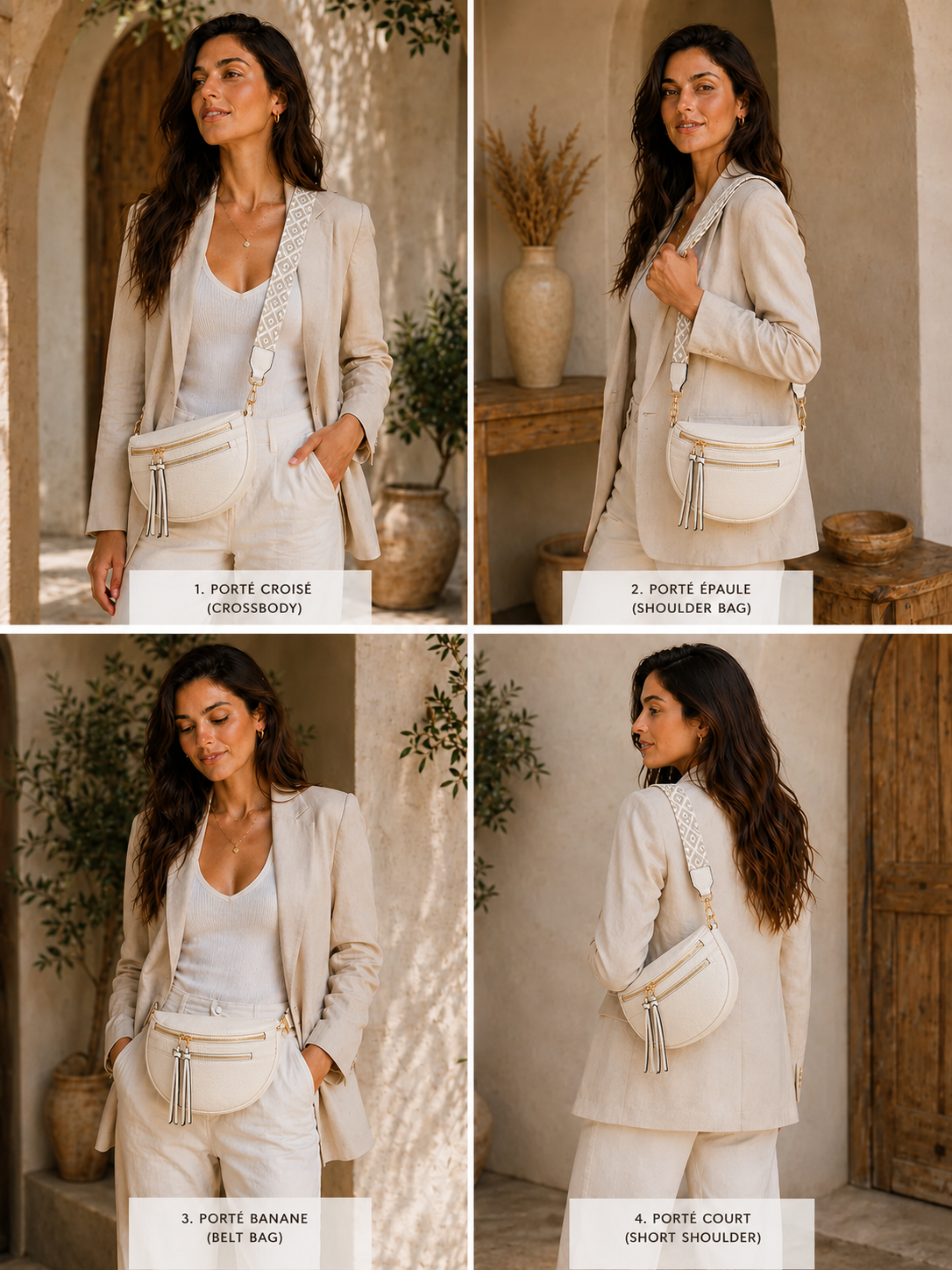Grand sac banane femme Cuir blanc ivoire Bandoulière large - Porte-monnaie inclus