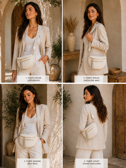 Grand sac banane femme Cuir blanc ivoire Bandoulière large - Porte-monnaie inclus