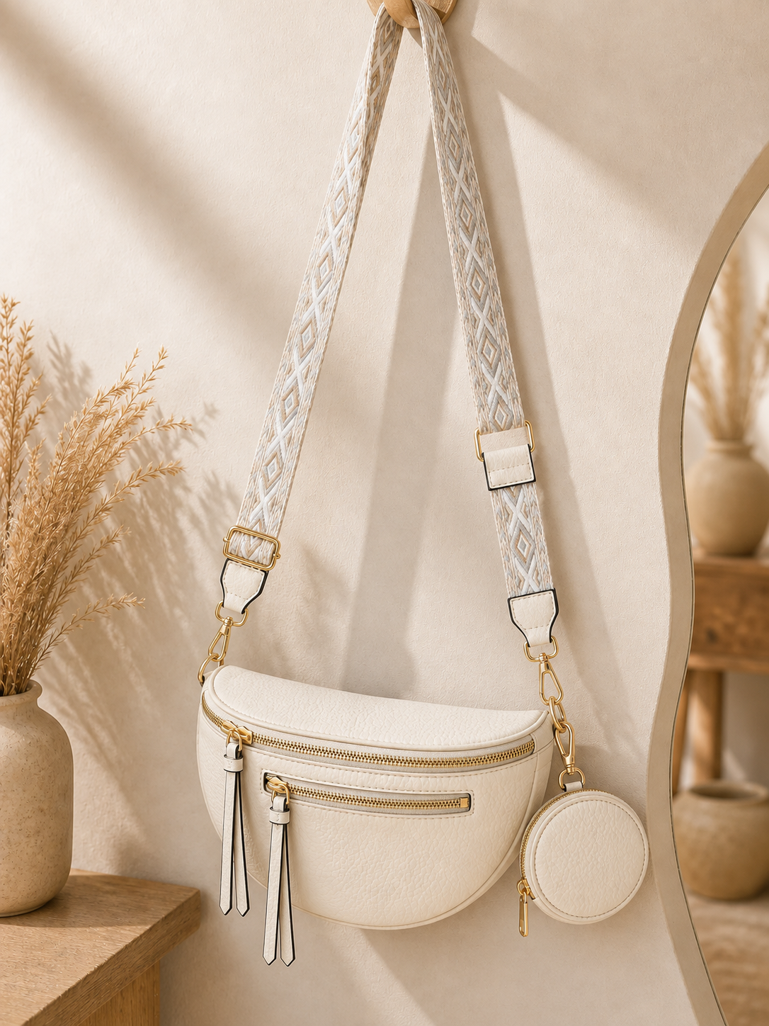 Grand sac banane femme Cuir blanc ivoire Bandoulière large - Porte-monnaie inclus