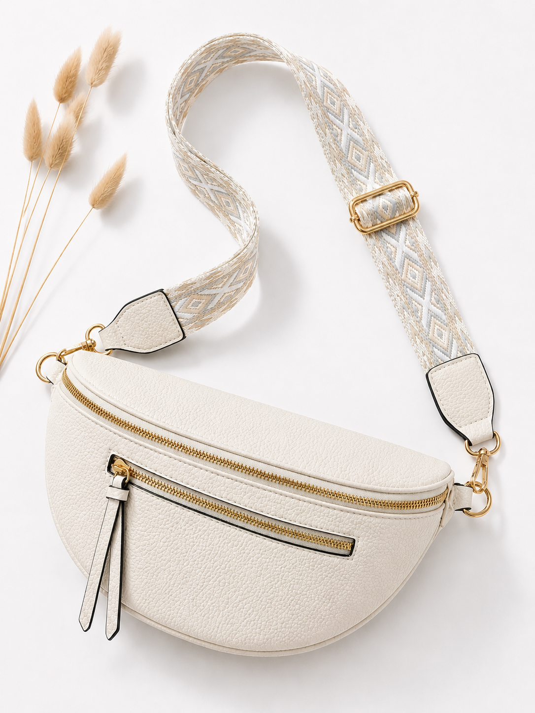 Grand sac banane femme Cuir blanc ivoire Bandoulière large - Porte-monnaie inclus