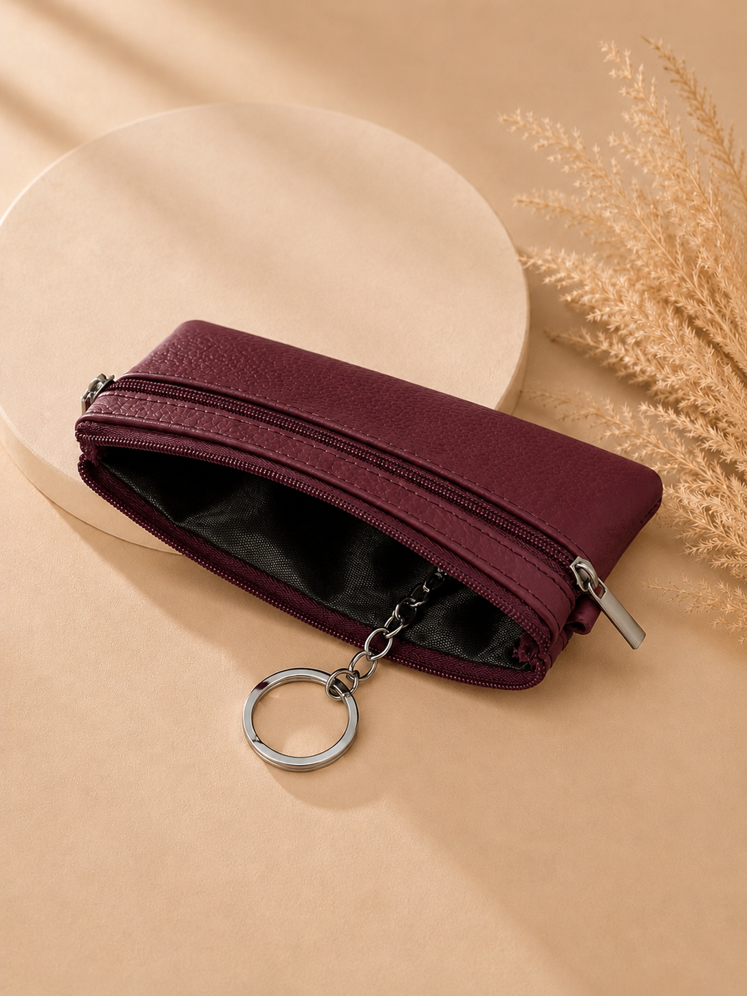 Porte-monnaie femme en cuir grainé rouge bordeaux