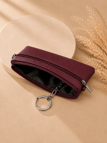 Porte-monnaie femme en cuir grainé rouge bordeaux