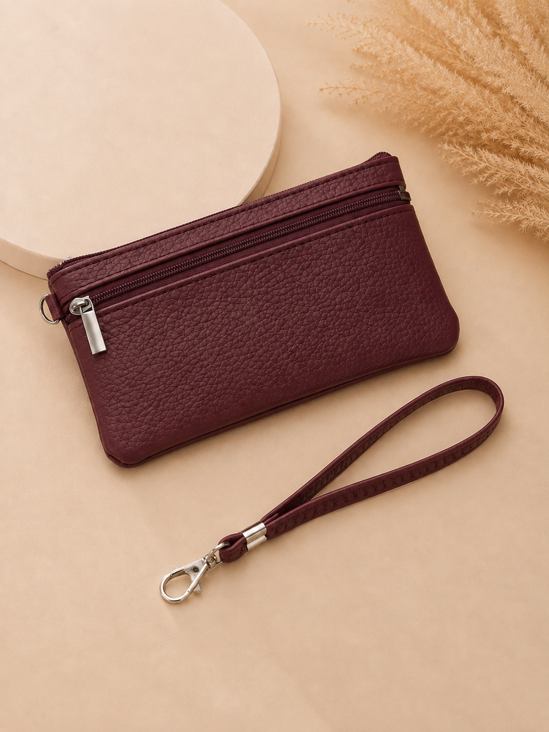 Porte-monnaie femme en cuir grainé rouge bordeaux