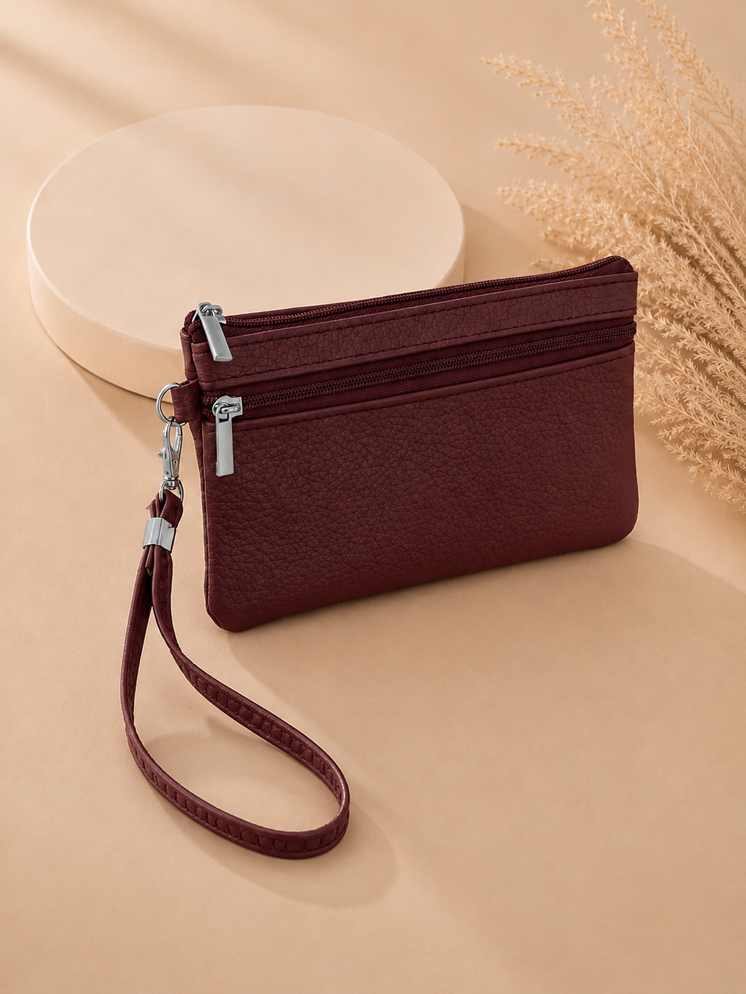 Porte-monnaie femme en cuir grainé rouge bordeaux