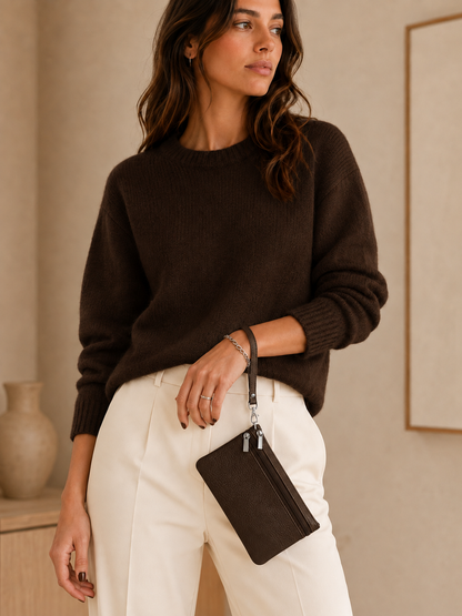 Porte-monnaie femme en cuir grainé marron chocolat